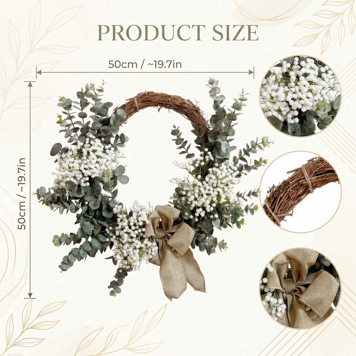 Farmhouse Eucalyptus Wreath with Burlap Bow & White Baby's Breath for Front Door Porch Wall Living Room & Bedroom Decor