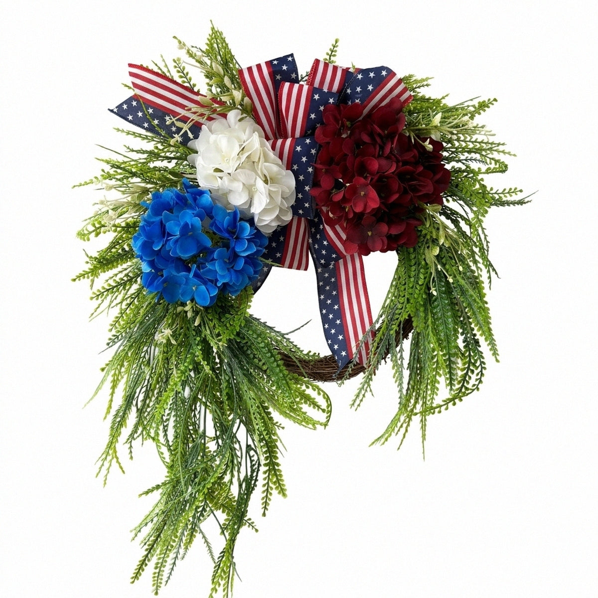 Patriotic Wreath Fourth of July Front Door Decor Red White Blue Hydrangea Wreath with Flag Bow Summer Holiday Wall Art for Home Porch