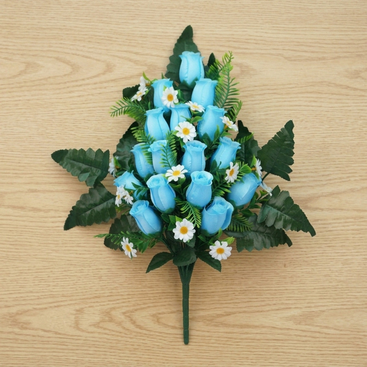 Artificial cemetery flowers light blue memorial roses bouquet with vase for gravesite decoration