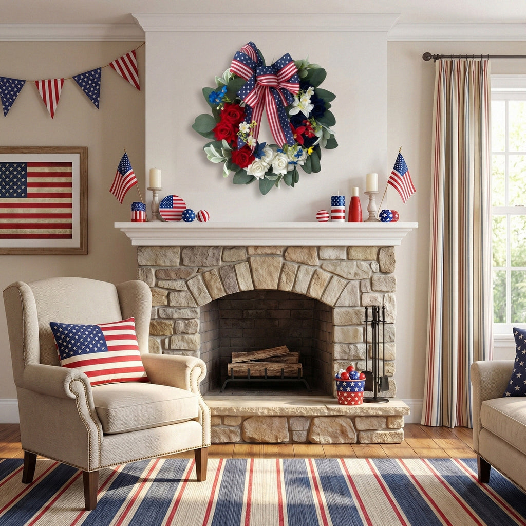 Patriotic Americana Wreath with Red White Blue Hydrangea & Flag Bow | 4th of July Front Door Decor for Summer Holiday Home Porch Wall Art
