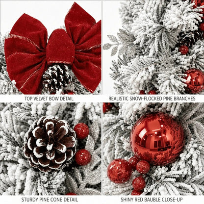 Close-up details of red bow, flocked pine, berries and pinecones