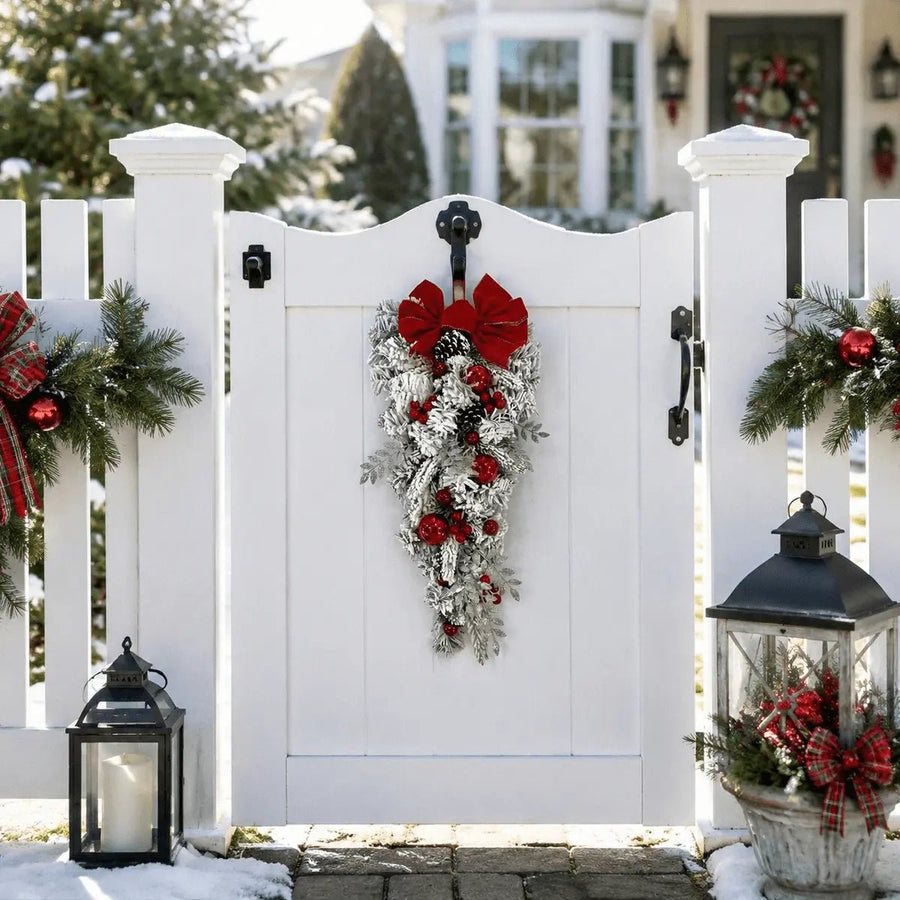Flocked Christmas Teardrop Swag with Red Bow – 24in