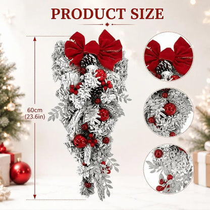 Red bow flocked Christmas teardrop swag height, 60 centimeters