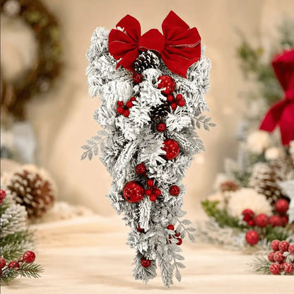 Flocked Christmas Teardrop Swag with Red Bow and Ornaments - IPOPU