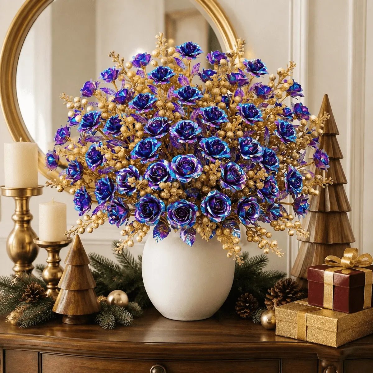 Galaxy blue purple rose and gold berry stem set in white vase on Christmas holiday mantel display – IPOPU
