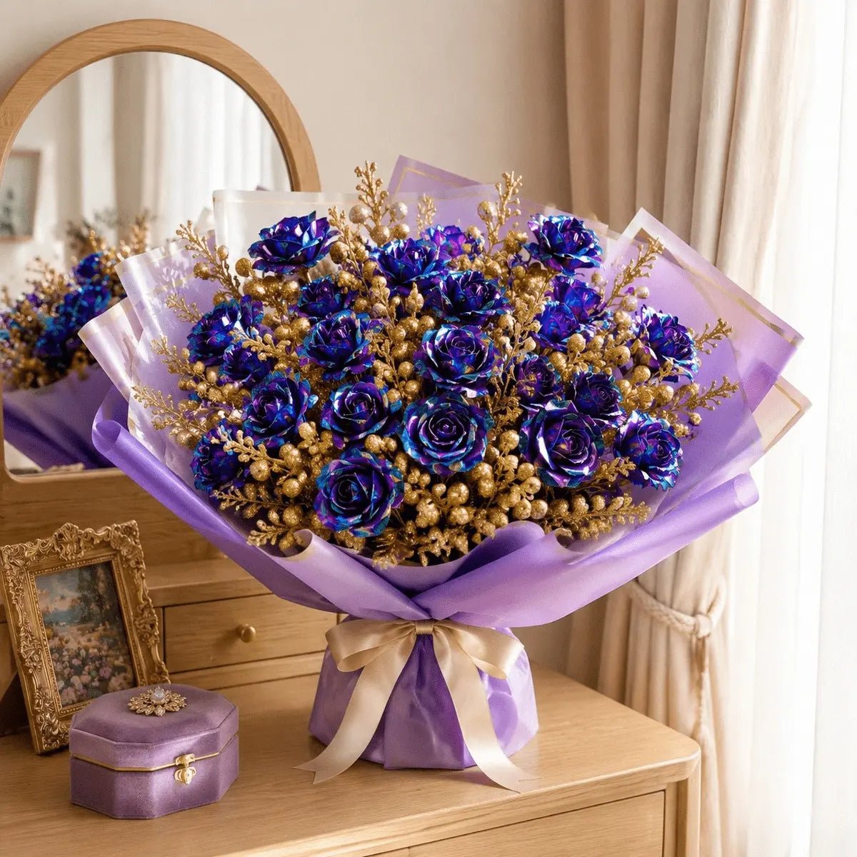 Galaxy blue purple rose and gold berry bouquet wrapped in purple tissue paper with ribbon bow on vanity – IPOPU
