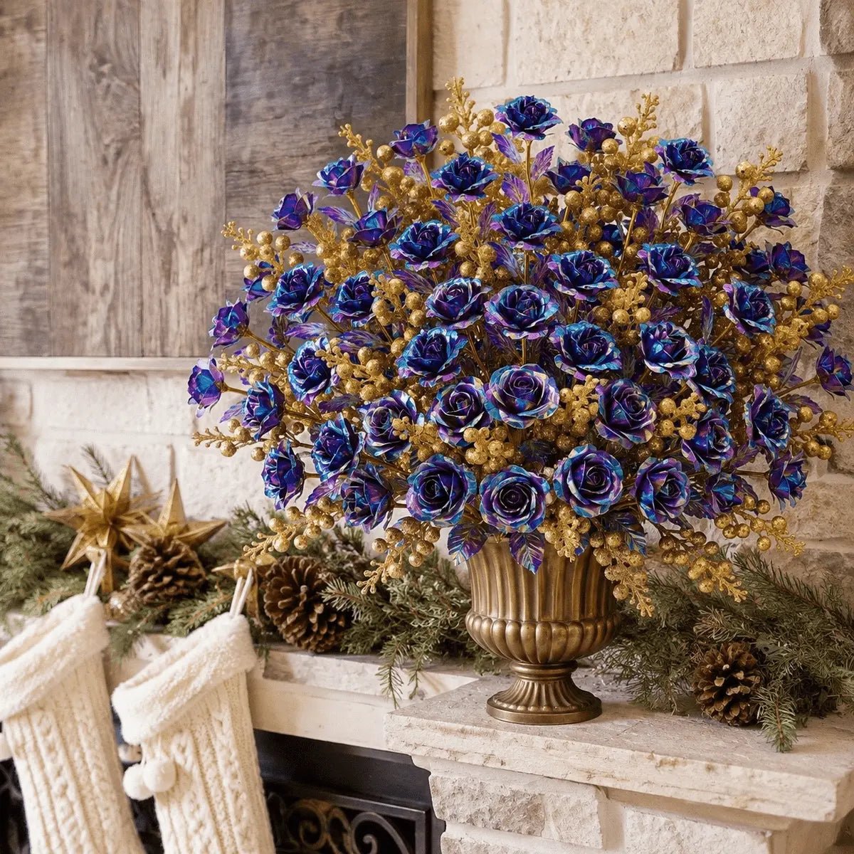 Galaxy blue purple rose and gold berry stems in gold urn vase on fireplace mantel with Christmas stockings – IPOPU
