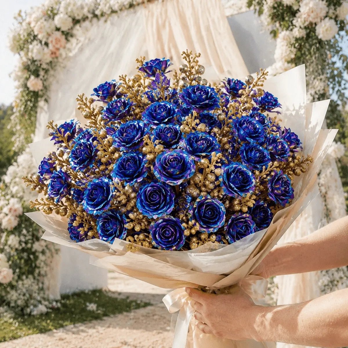 Bride holding galaxy blue purple rose and gold berry bouquet at outdoor wedding ceremony arch – IPOPU
