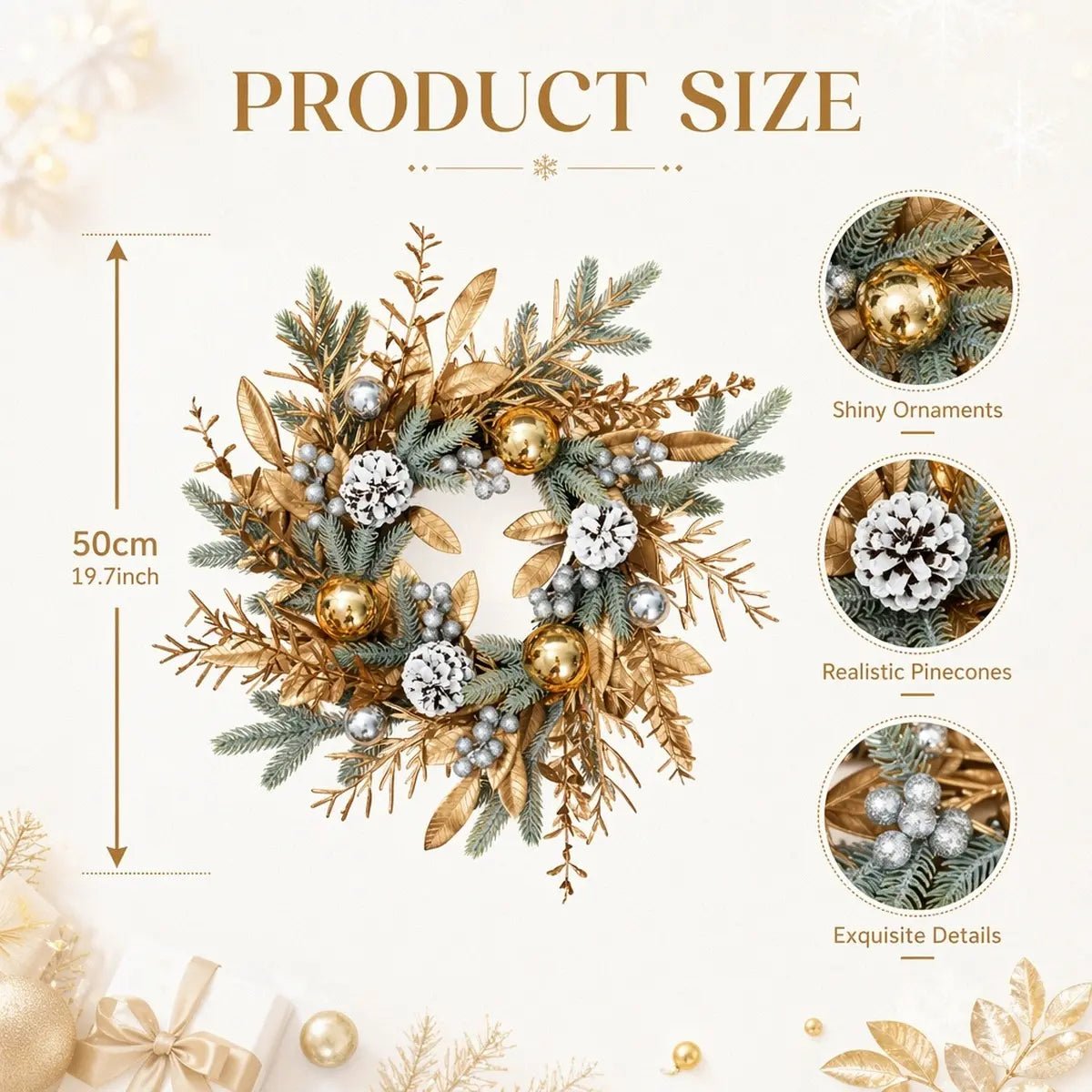 Gold Christmas wreath product size chart showing 50cm (19.7 inch) diameter, with close-up detail callouts of shiny gold and silver ball ornaments, realistic white snow-dusted pinecones and silver berry cluster accents on frosted pine and gilded golden leaf base