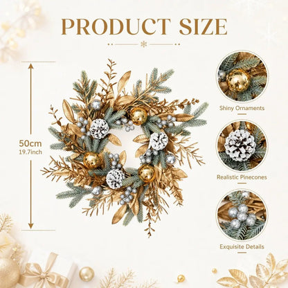 Gold Christmas wreath product size chart showing 50cm (19.7 inch) diameter, with close-up detail callouts of shiny gold and silver ball ornaments, realistic white snow-dusted pinecones and silver berry cluster accents on frosted pine and gilded golden leaf base