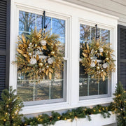 Gold Christmas Wreath with Frosted Pine & Golden Leaves