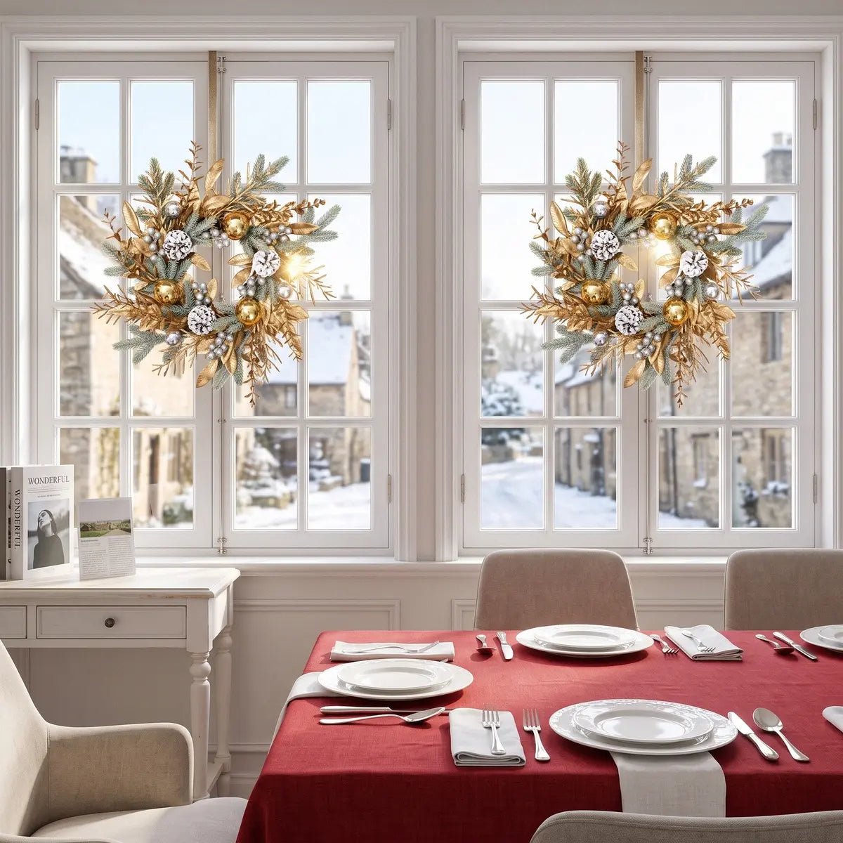 Two 19.7 inch gold Christmas wreaths with gilded golden leaves, shiny gold and silver ball ornaments, white frosted pinecones and silver berry clusters, hung on two white French windows overlooking a snow-covered European village street, above a red tablecloth Christmas dining table set with white porcelain plates and silver cutlery
