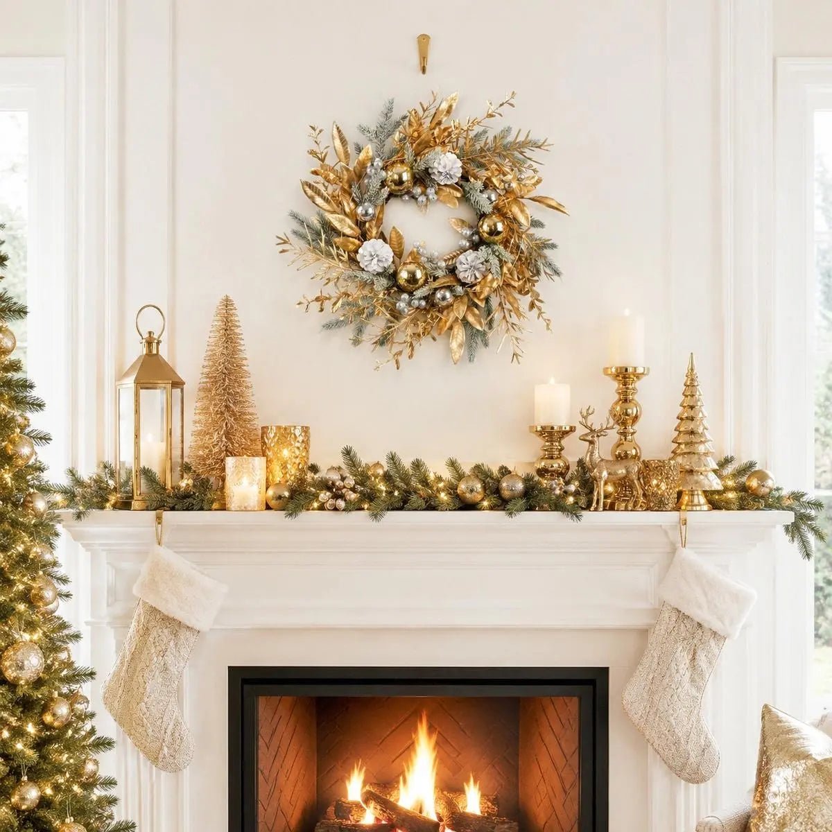 19.7 inch gold Christmas wreath with shiny gold and silver ball ornaments, gilded golden leaves, frosted pine branches, white snow-dusted pinecones and silver berry clusters, hung above a white fireplace mantel decorated with a lit pine garland, gold lantern, gold bottle brush trees, white pillar candles, gold reindeer figurines and white knit Christmas stockings, beside a fully decorated gold Christmas tree