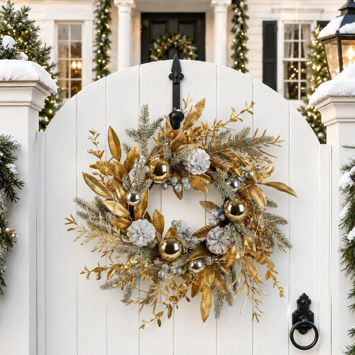 19.7 inch gold Christmas wreath with gilded golden leaves, shiny gold and silver ball ornaments, white frosted pinecones and silver berry clusters, hung on a white arched garden gate with a black iron hook, with a snow-covered colonial-style home decorated with lit pine garlands and Christmas wreaths in the background