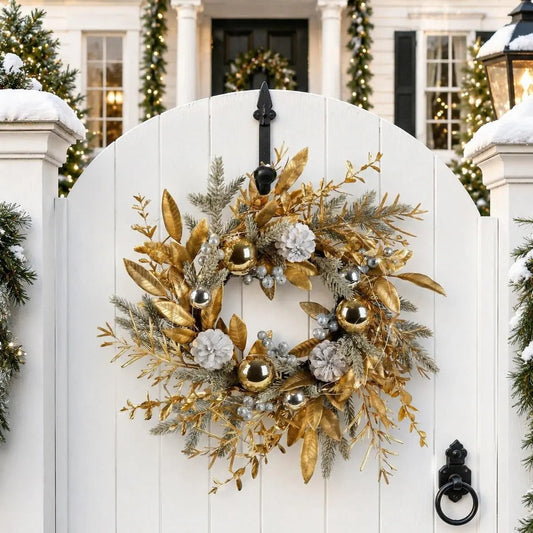 19.7 inch gold Christmas wreath with gilded golden leaves, shiny gold and silver ball ornaments, white frosted pinecones and silver berry clusters, hung on a white arched garden gate with a black iron hook, with a snow-covered colonial-style home decorated with lit pine garlands and Christmas wreaths in the background