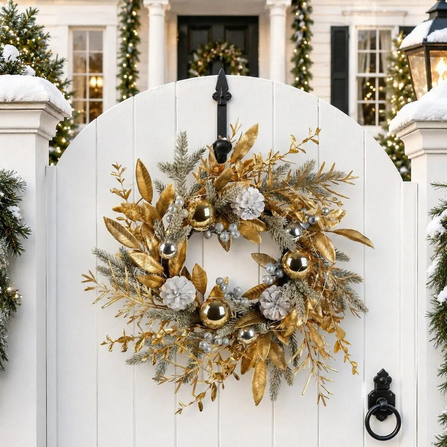 Gold Christmas Wreath with Frosted Pine & Golden Leaves