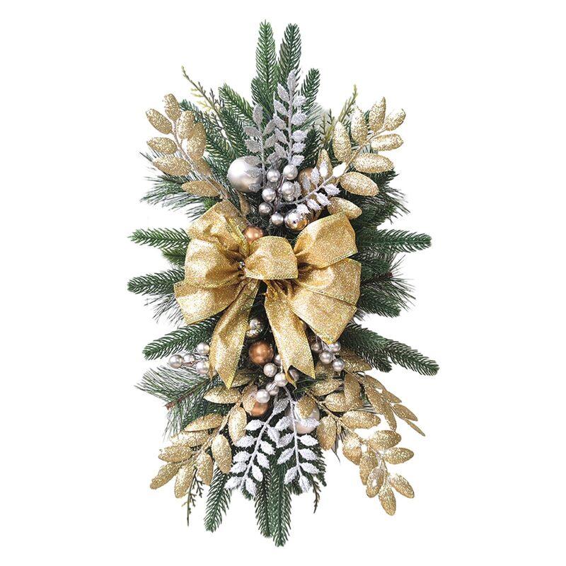 Gold artificial Christmas pine swag with bow berries glitter leaves front door holiday decor