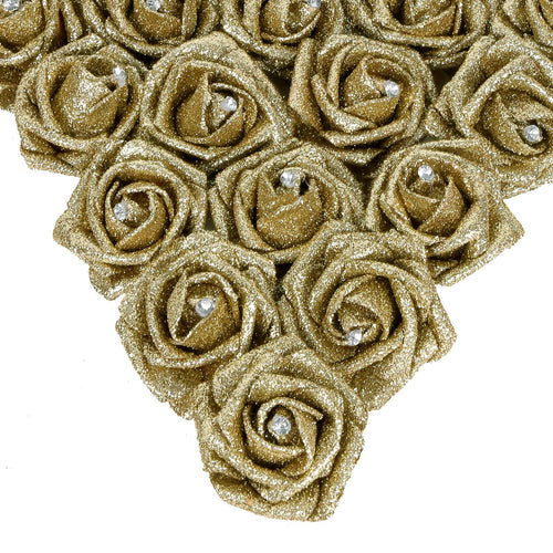 Gold glitter foam roses 25pcs with stems for wedding bridal bouquet Valentine's Day party decor