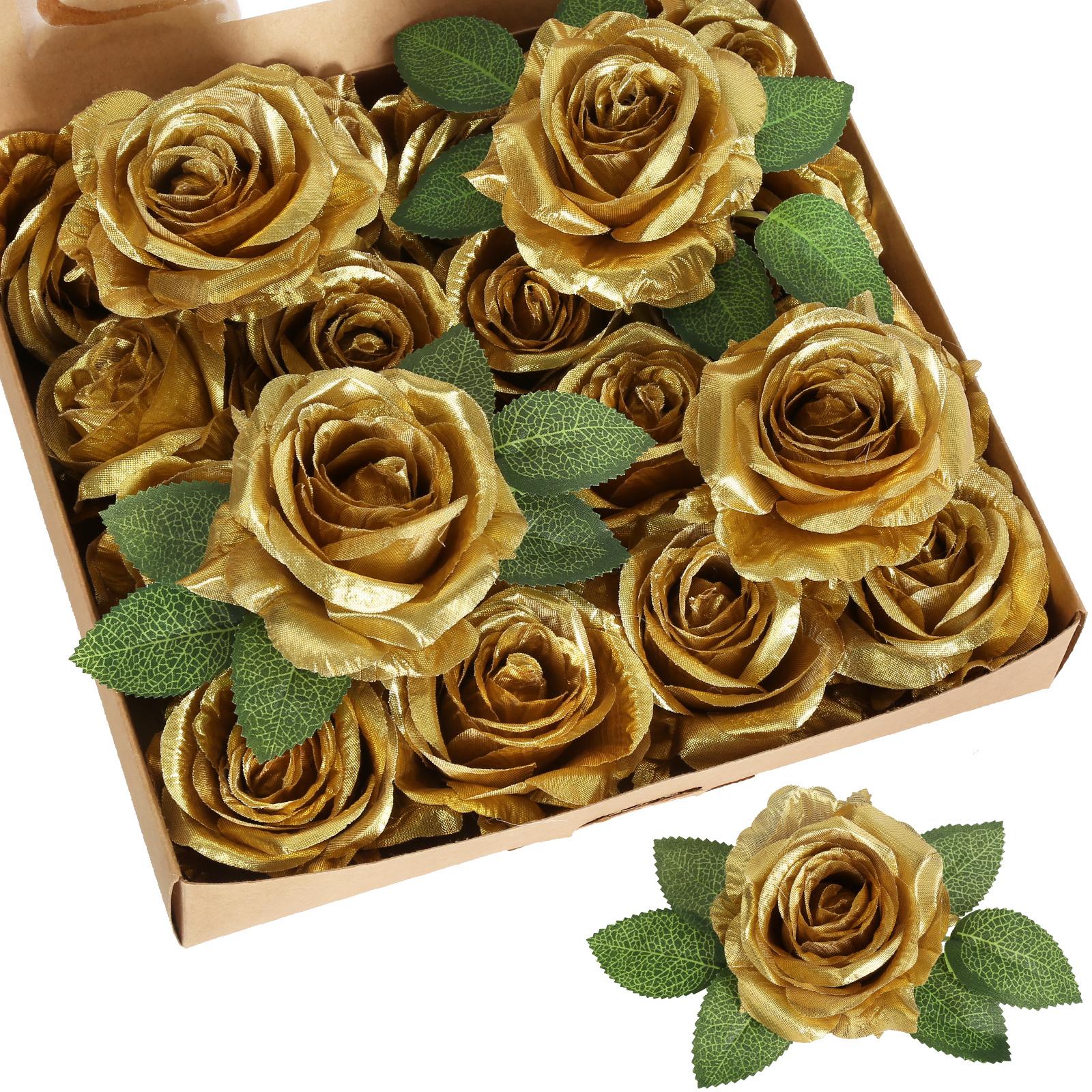 Gold artificial rose leaves 20pcs with stems for DIY wedding bouquet wreath garland party decor