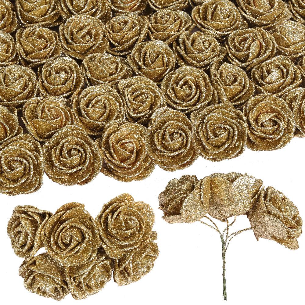 Gold glitter artificial roses 60pcs with stems for wedding bouquet cake party home decor