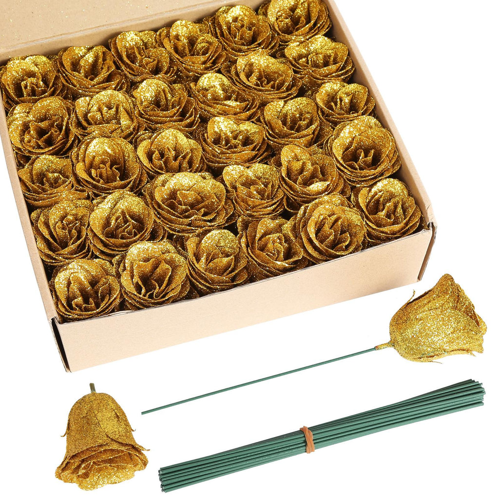 Gold glitter roses bouquet 30pcs with stems for wedding party Christmas home decor