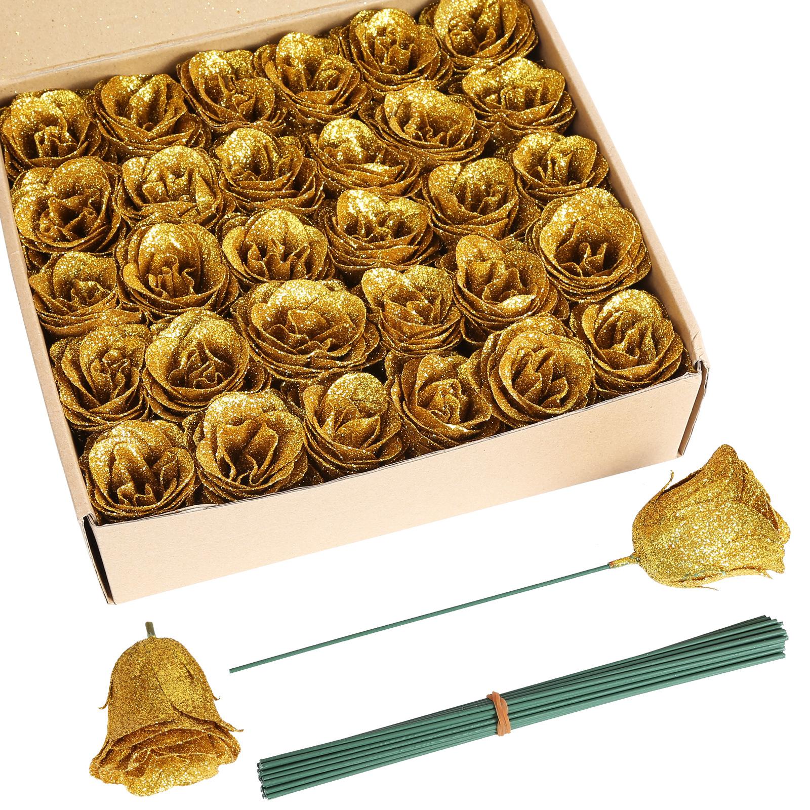 Gold glitter roses bouquet 30pcs with stems for wedding party Christmas home decor