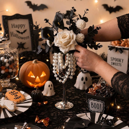 Gothic artificial flower arrangement with white rose and black calla lilies in pearl-draped silver goblet vase styled on a Halloween party table with pumpkins and bat decorations