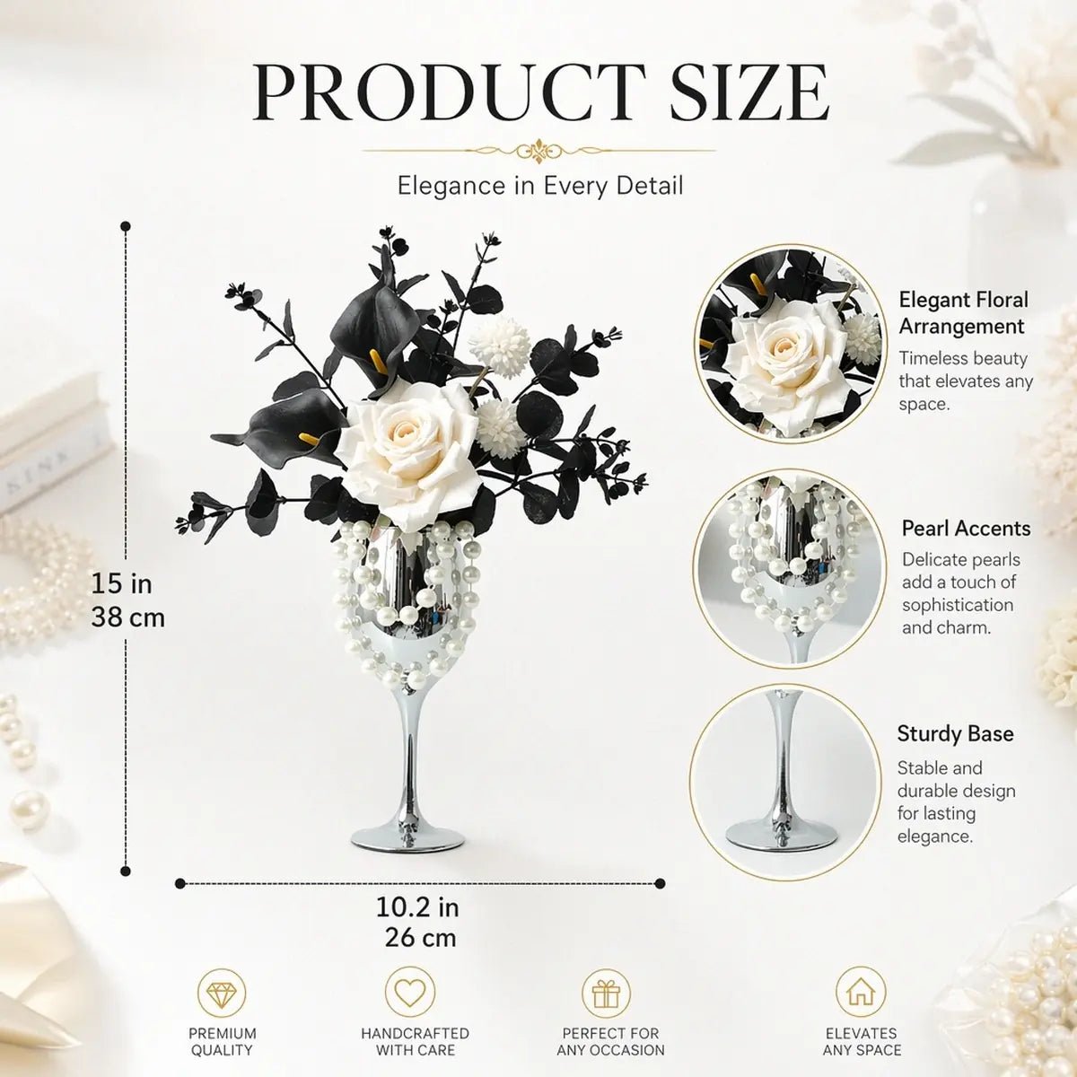 Product size chart for gothic artificial flower arrangement showing height 38cm and width 26cm with two color variant silhouettes