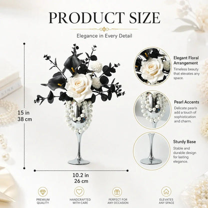Product size chart for gothic artificial flower arrangement showing height 38cm and width 26cm with two color variant silhouettes