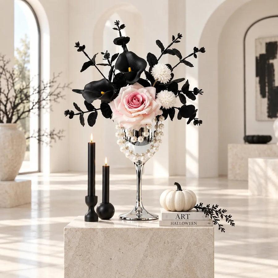 Gothic Black Calla Lily & Rose Arrangement in Silver Goblet Vase