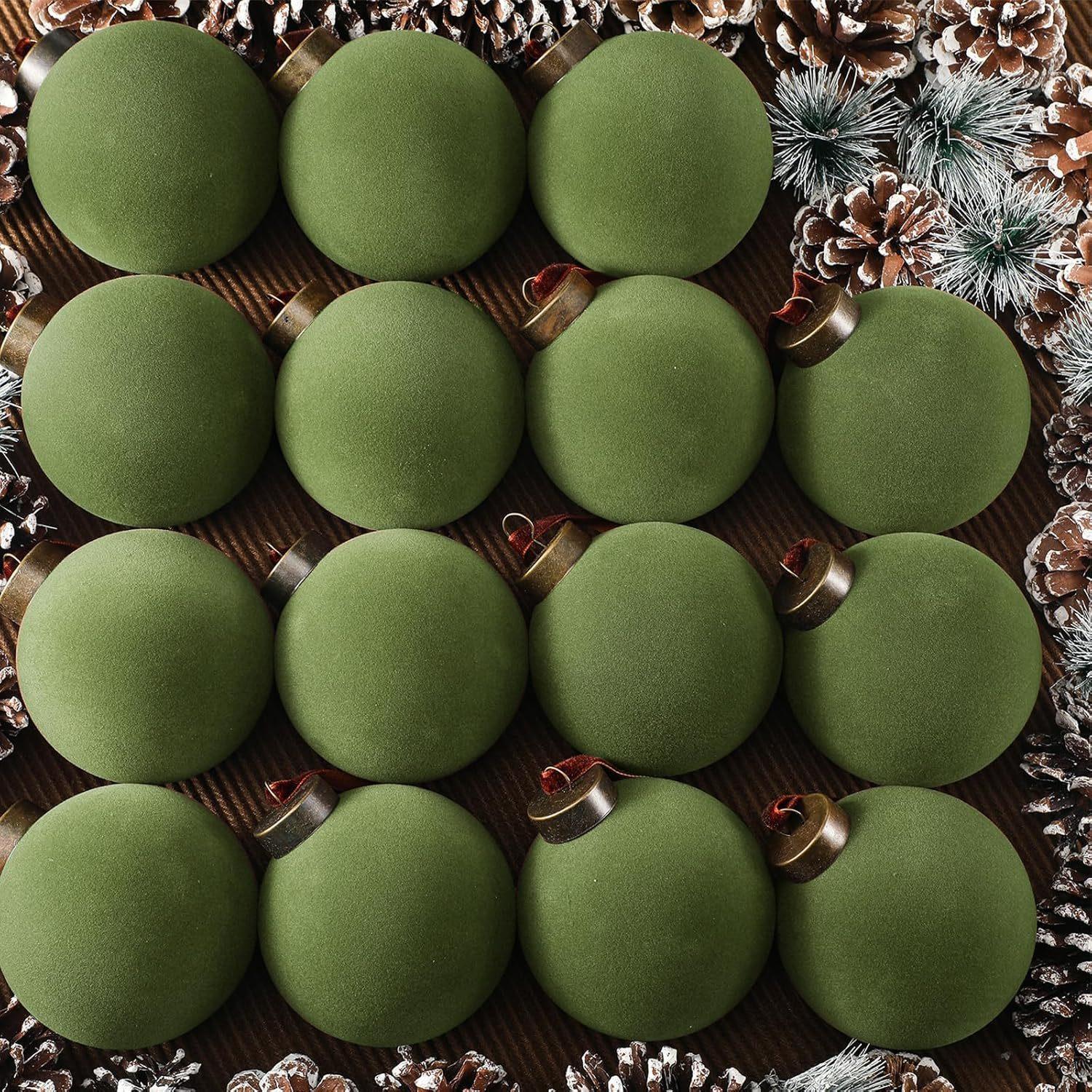 Green velvet Christmas ball ornaments 3.15 inch shatterproof flocked xmas tree bulbs holiday decor