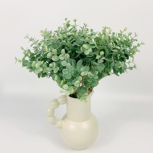Green artificial eucalyptus stems 4pcs in glass vase with faux water for home centerpiece decor