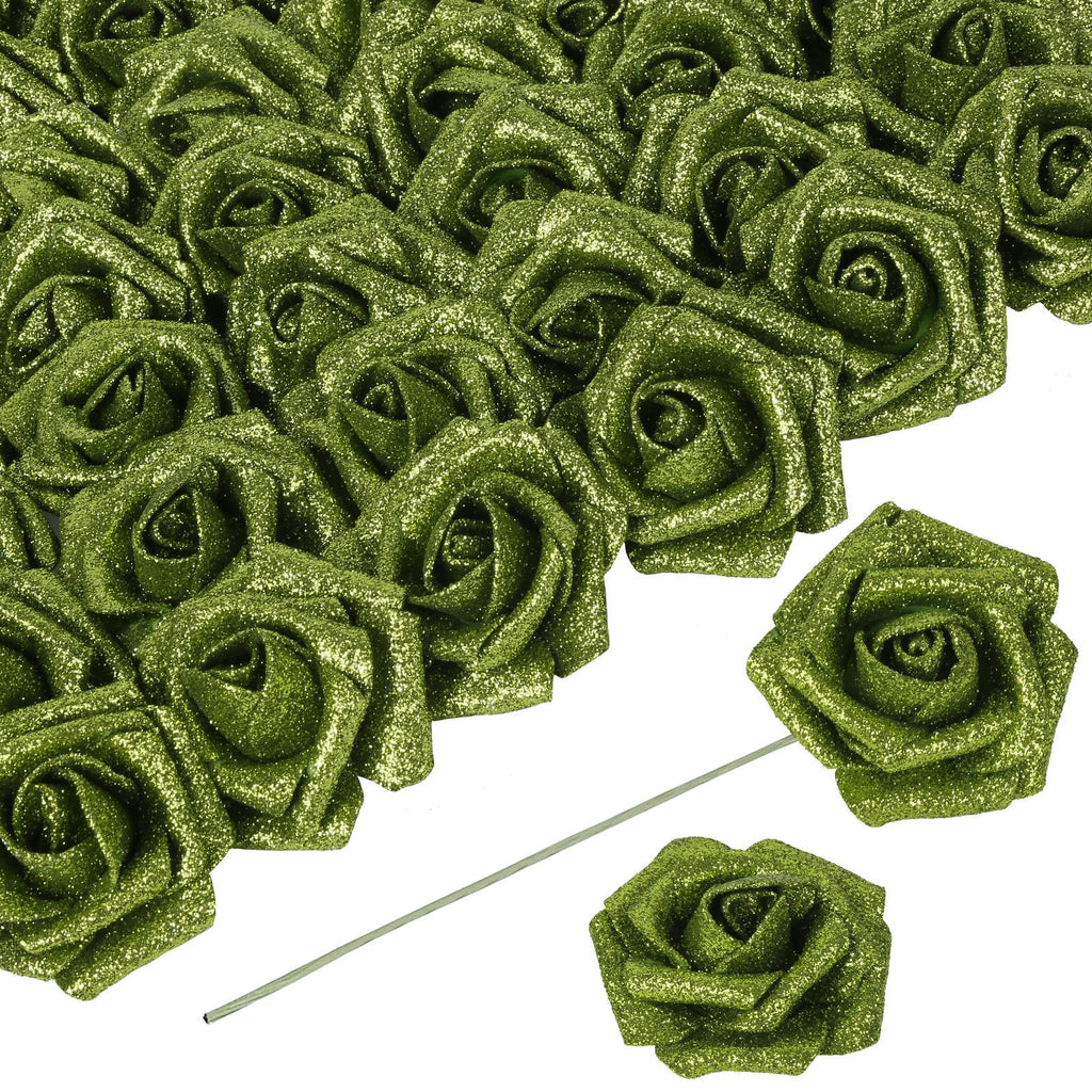 Green glitter foam roses 30pcs 3.15in artificial flowers for Christmas DIY garland decor