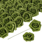 Green glitter foam roses 30pcs 3.15in artificial flowers for Christmas DIY garland decor