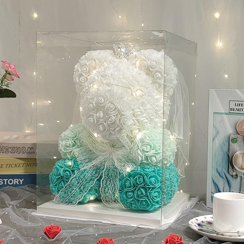 15.74 inch LED Teddy Rose Bear With Crown&Wedding Dress Artificial Flower Rose Bear Gift Box For Girls' Birthday Valentine's Day Mother's Day Gift