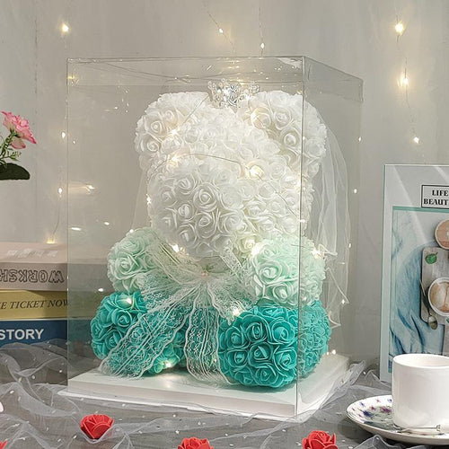 Green LED rose teddy bear with crown and wedding dress birthday gift for women
