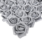 Grey glitter artificial roses 25pcs with stem for wedding bridal bouquet party decor