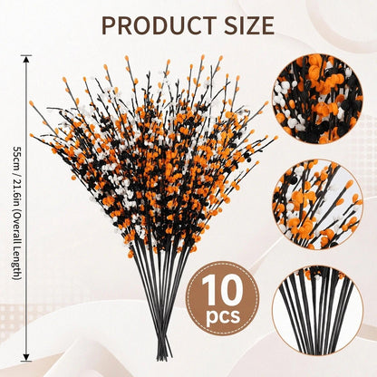 Product size reference showing 21 inch (55cm) Halloween jasmine flower stem length with orange, white and black blooms laid flat