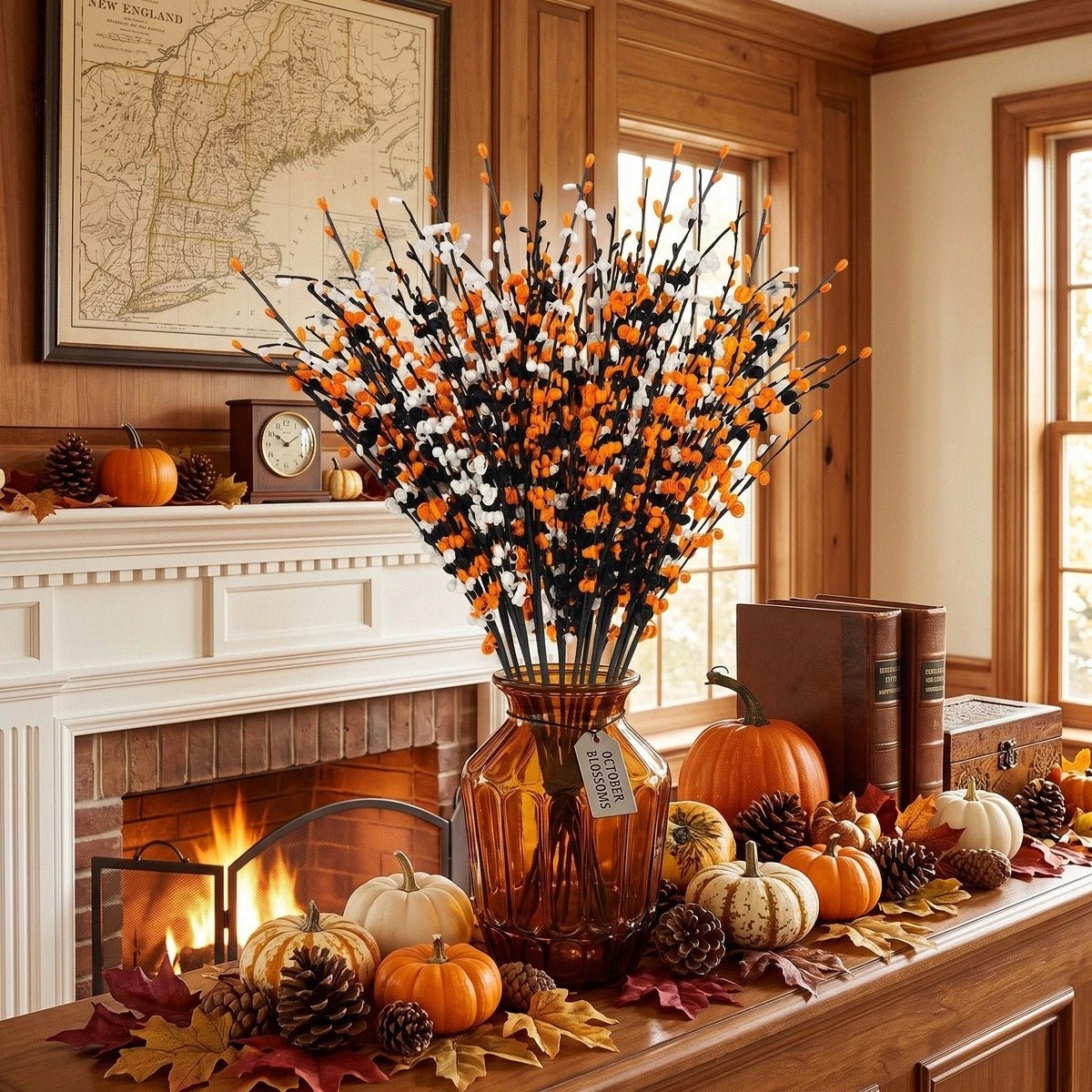 Set of 10 artificial jasmine Halloween flower picks in orange, white and black, 21 inch stems fanned out against a dark background showing full bloom detail