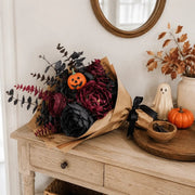 Halloween Flower Bouquet with Pumpkin – Dark Burgundy & Black Peonies