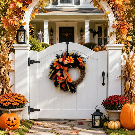 Halloween ghost wreath with orange ribbon and black roses displayed on a white garden gate with pumpkin decorations