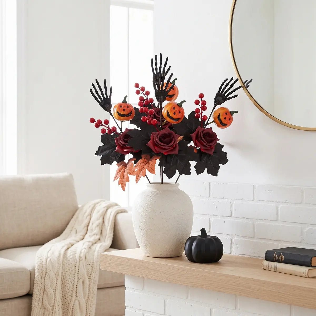 Skeleton Hand Black Rose Halloween Flower Stem – 18in