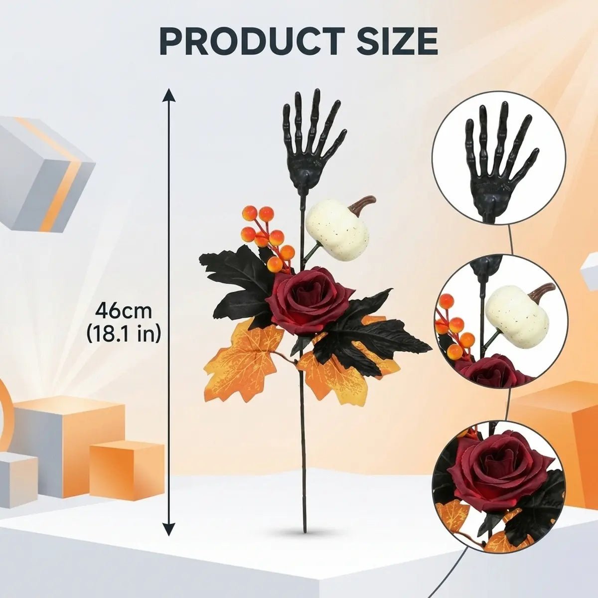 Product size chart for Halloween skeleton hand artificial flower stem showing dimensions