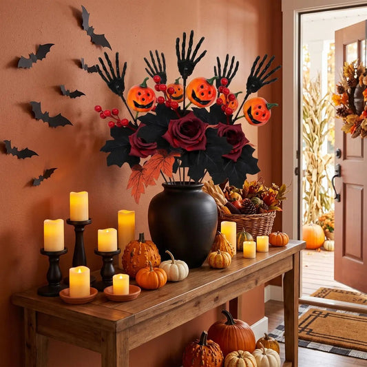 Halloween skeleton hand flower arrangement with pumpkin ghost face and candles on a dark table