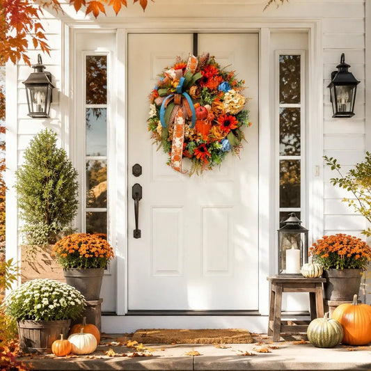 Handcrafted fall wreath with orange hydrangeas and pumpkins displayed on a white front door with autumn garden decor