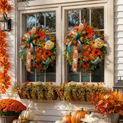Orange Blue Hydrangea Pumpkin Wheat Fall Wreath – 18in