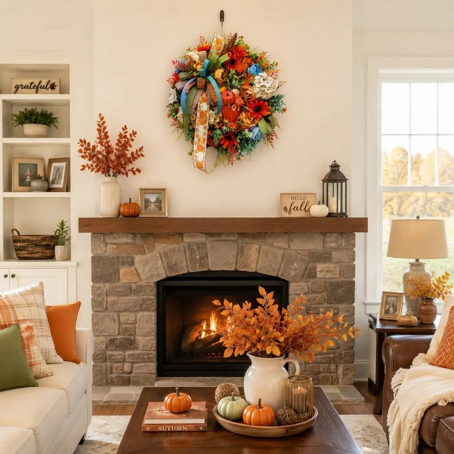 Orange Blue Hydrangea Pumpkin Wheat Fall Wreath – 18in