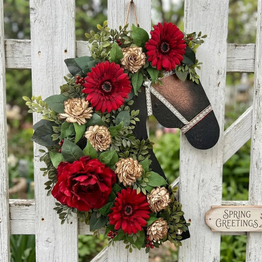 Horse Head Wreath for Front Door, Wooden Horse Head Door Hanging Wreath with Fake Flowers & Green Leaves, Wall Decoration Welcome Sign for Front Porch, Christmas Tree & Year-Round DecorDoor WreathHorse Head Wreath for Front Door, Wooden Horse Head Door Hanging Wreath with Fake Flowers & Green Leaves, Wall Decoration Welcome Sign for Front Porch, Christmas Tree & Year-Round DecorIPOPU
