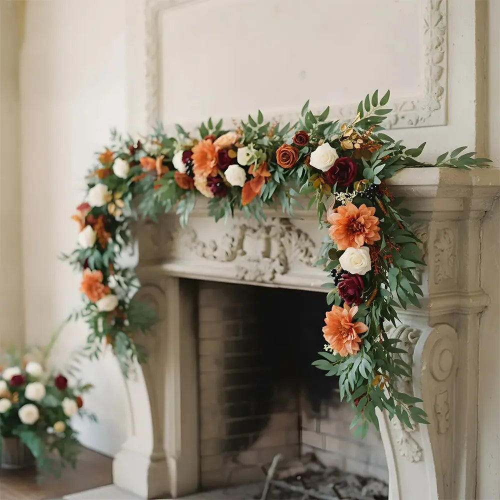 Artificial orange dahlia, burgundy rose and white peony garland with eucalyptus draping over ornate stone fireplace surround, fall wedding or Thanksgiving mantel decor – IPOPU