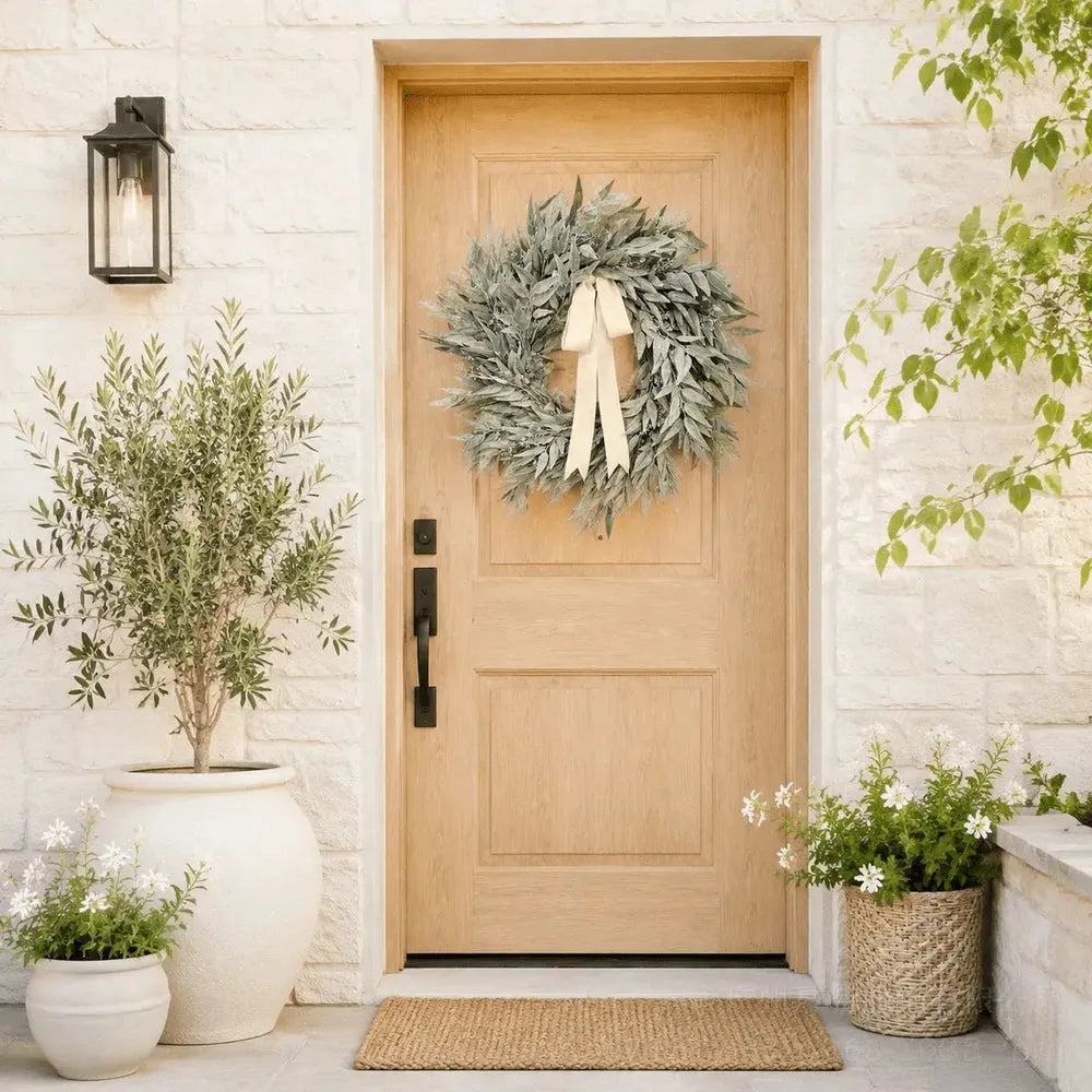 Artificial eucalyptus and olive leaf wreath with white ribbon bow on natural wood front door, white planter pots and basket with greenery, farmhouse entryway decor – IPOPU
